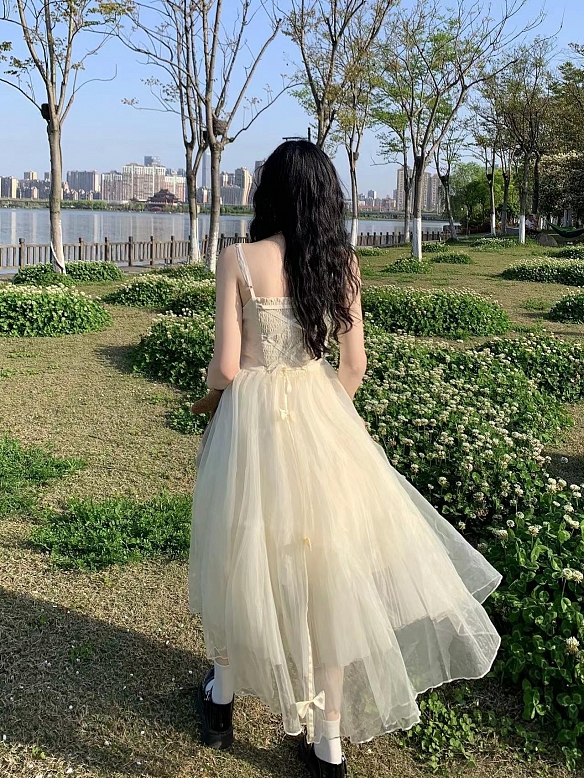 Evahair fashion beige light mesh lolita dress JSK