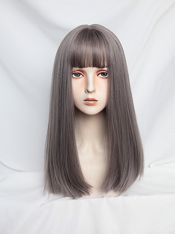 Evahair 2021 New Style Pinkish Grey Long Straight Synthetic Wig with Bangs