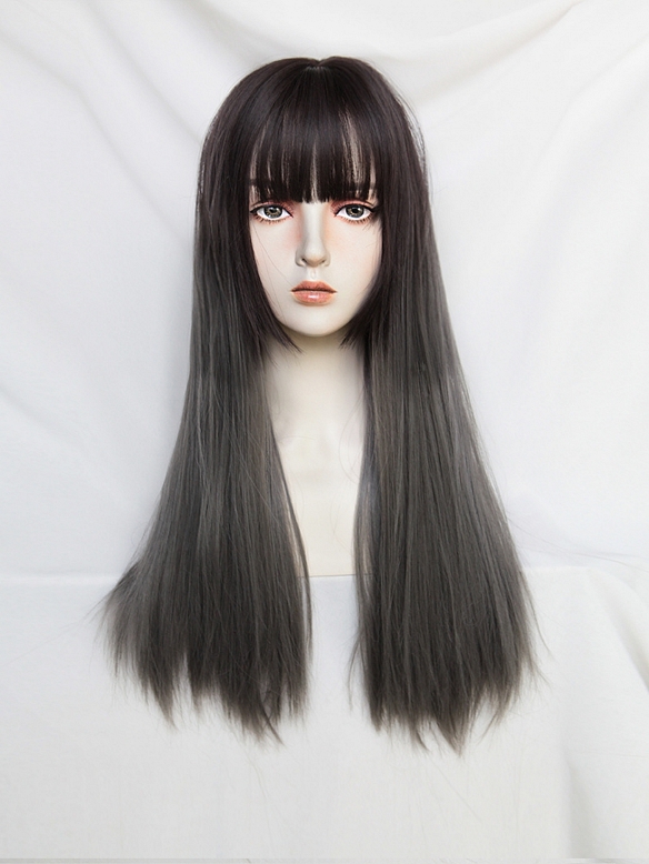 Evahair 2021 New Style Brownish Black to Silvery Grey Long Straight Synthetic Wig with Bangs