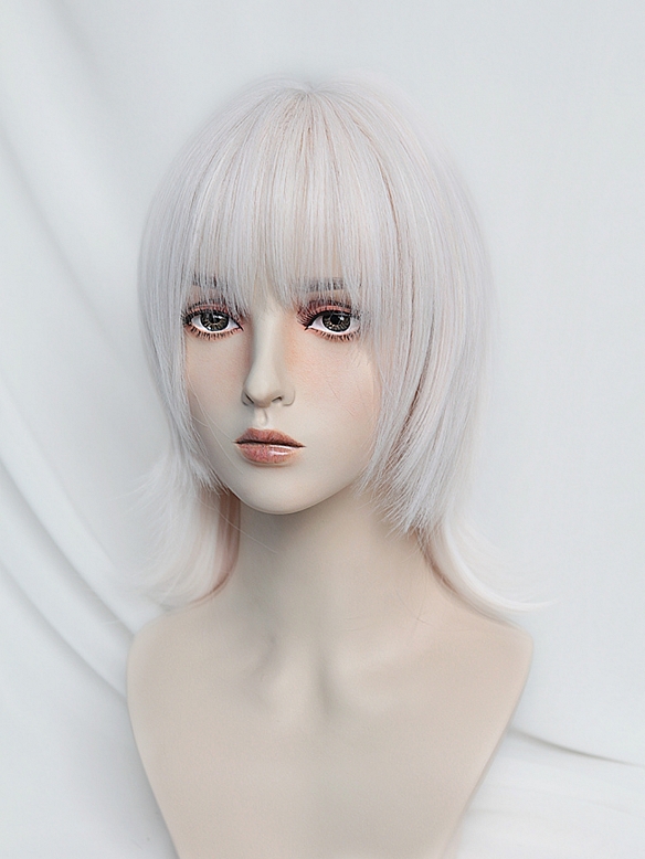 Evahair 2021 New Style Silvery White Shoulder Length Straight Synthetic Wig with Bangs