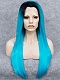 Electrical Blue Long Sleek Straight Synthetic Lace Front Wig with Dark Root