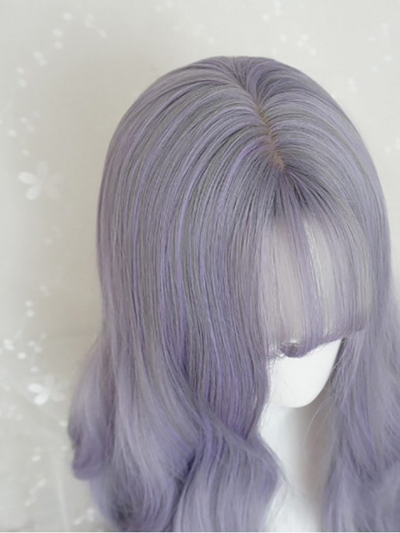 Evahair Grey and Purple Mixed Color Long Wavy Synthetic Wig with Bangs
