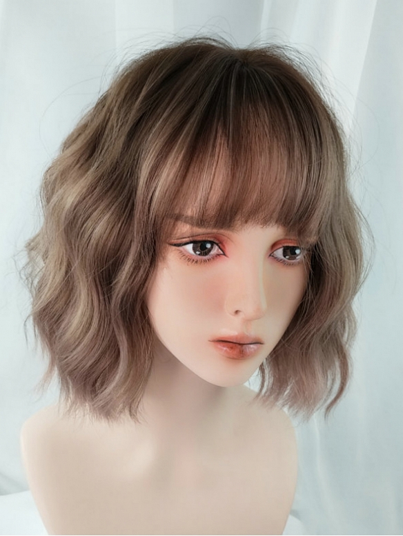 Evahair Brown and Grayish-Pink Mixed Color Bob Wavy Synthetic Wig with Bangs