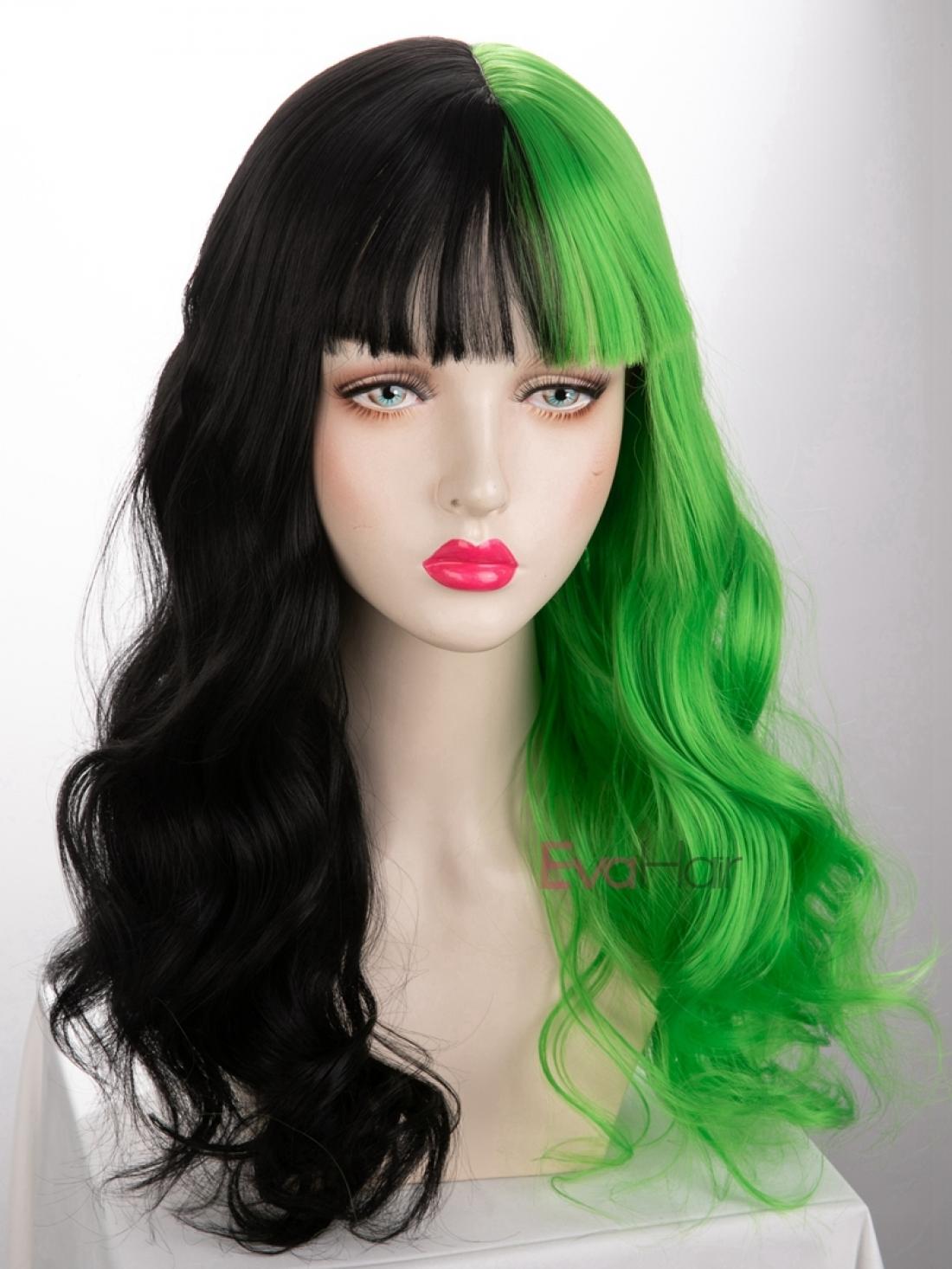 Evahair Half Black And Half Green Wefted Cap Wavy Synthetic Wig With Bangs Home Evahair Evahair Half Black And Half Green Wefted Cap Wavy Synthetic Wig With Bangs Home Evahair