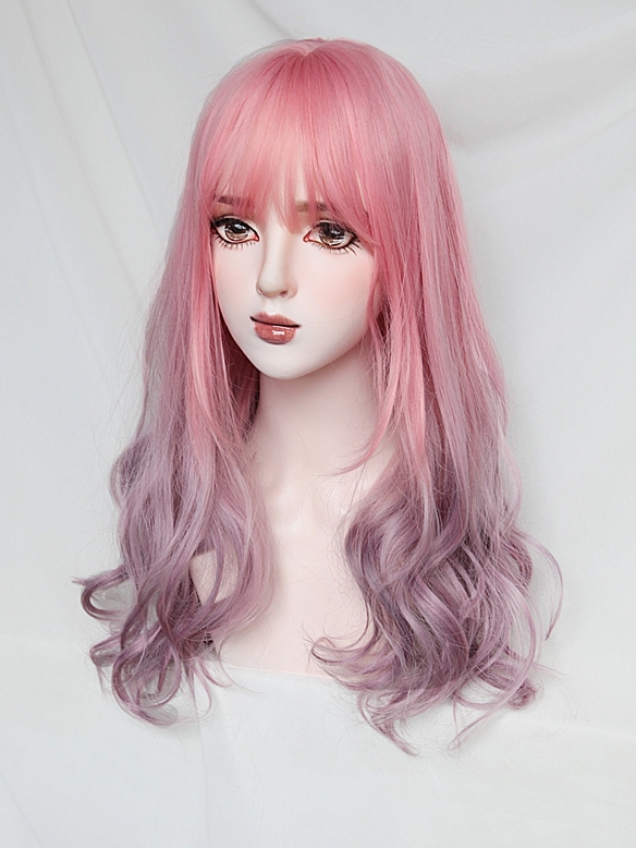 Evahair 2022 New Style Pink to Purple Ombre Long Wavy Synthetic Wig with Bangs