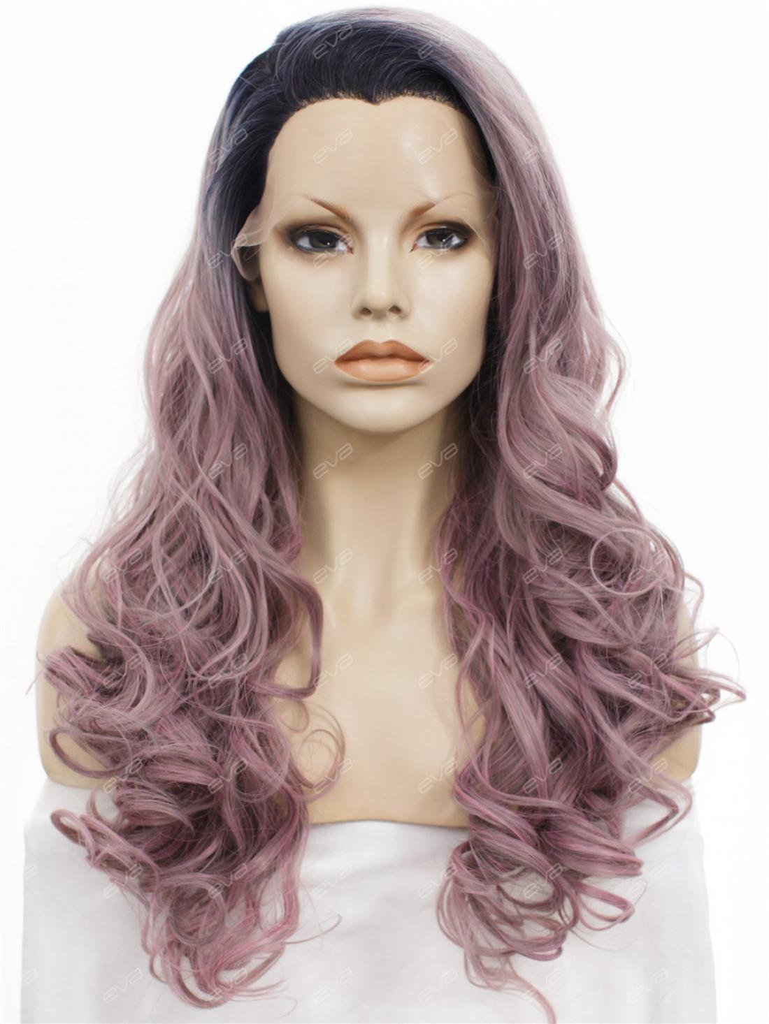 Grayish Dusty Pink Long Wavy Synthetic Lace Front Wig ...